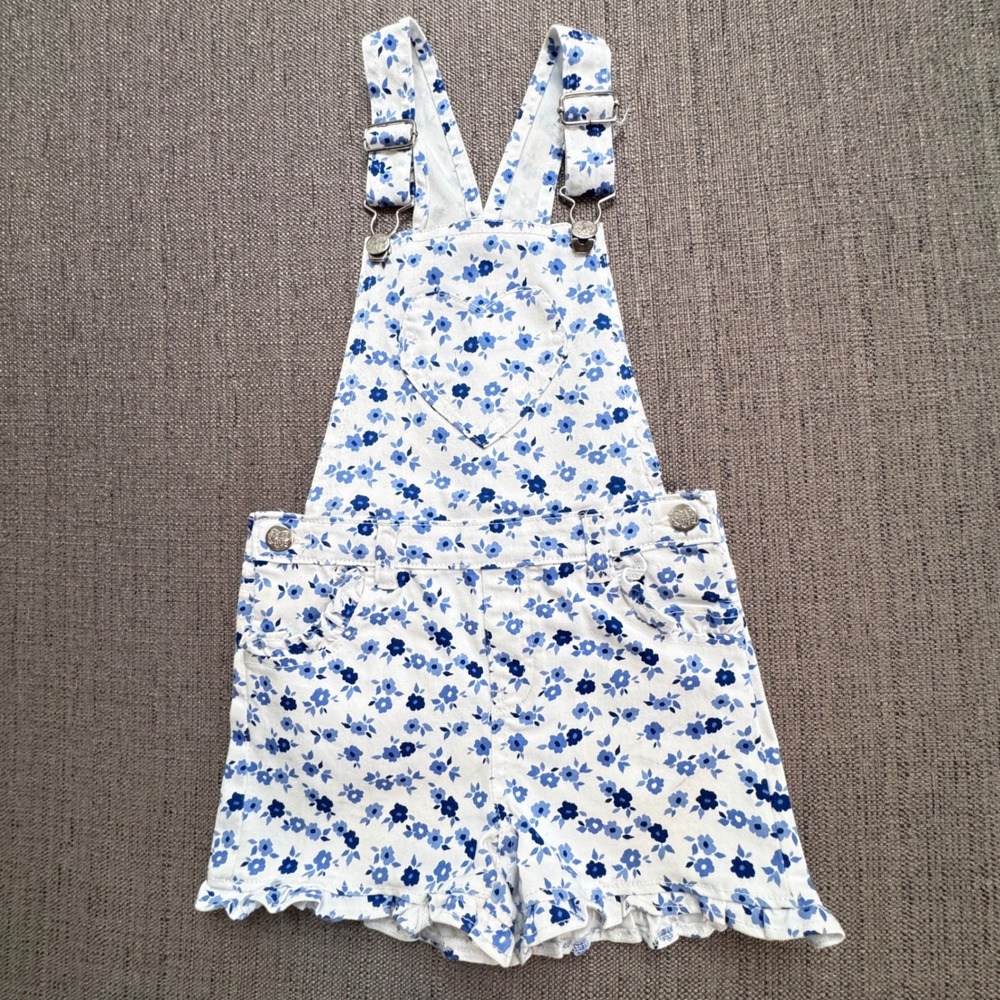 Real Love Girls Blue Floral Heart Pocket Shortalls Overalls Size 6X 50546